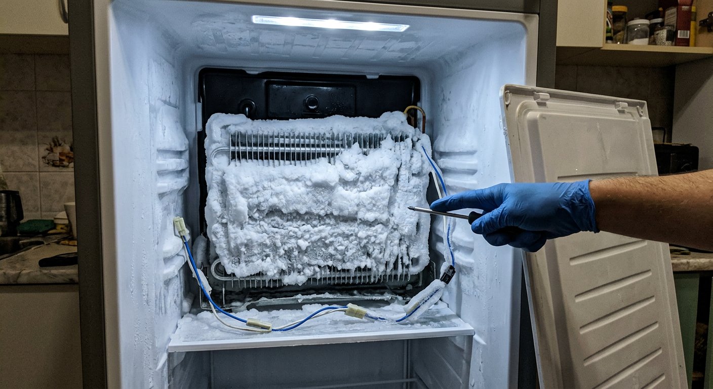 Испаритель холодильника No Frost за снятой панелью, заросший толстым слоем льда